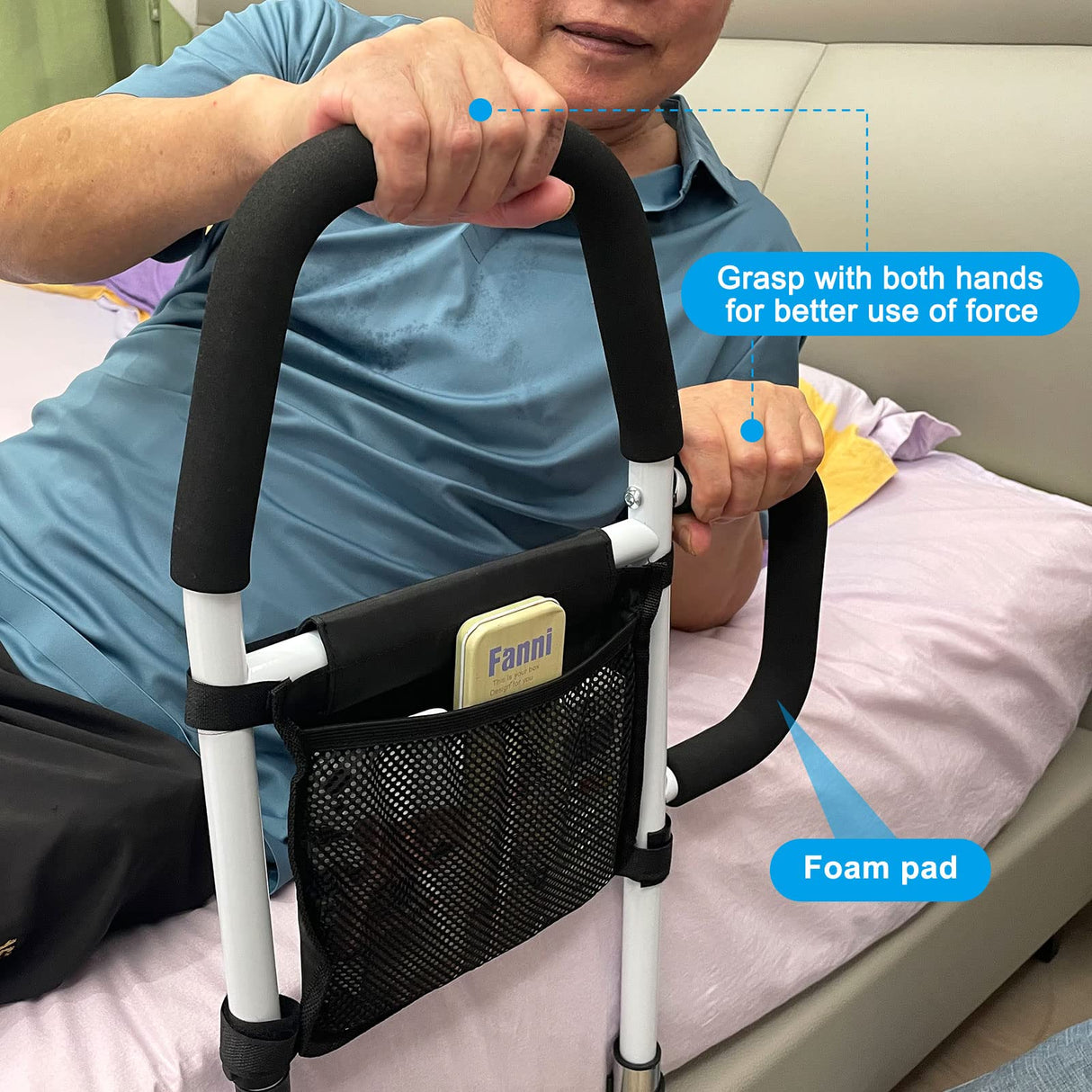 Pletpet Bed Rails for Elderly Adults, Bed Assist Rails for Seniors with 2 Grab Bars & Storage Pocket & Fall Prevention Guard, Fits King, Queen, Full, Twin Bed, Support Up to 300lbs (Standard)
