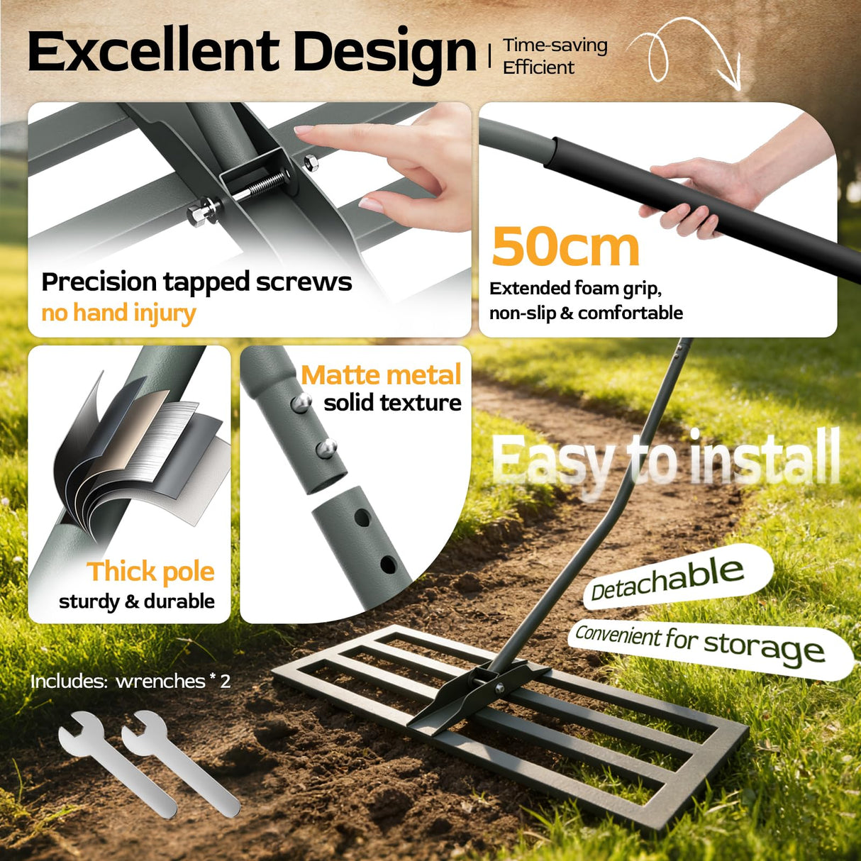 HamRoRung Lawn Leveling Rake -31.5''x11.8'' Heavy Duty Leveling Rake, Ergonomic Handle, Professional Ground Leveler for Yard, Soil, Grading, Gravel, Seeding, Do Not Hurt Turf, Save Effort
