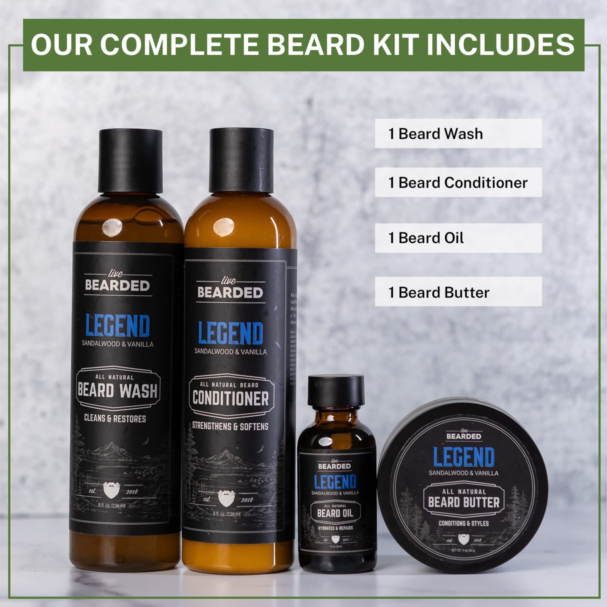 Live Bearded Complete Beard Grooming Kit - Wash, Conditioner, Butter and Oil - Made in the USA with All-Natural Ingredients - Mens Groom Set | Legend Scent - Sandalwood, Vanilla