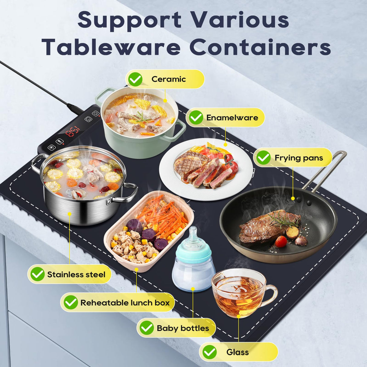 VIPDIGI Food Warming Mat, Electric Warming Tray, Silicone Fast Heating Warmer Pad, 6 Temp Adjustable, Timer & Safety Lock, Auto Shut-Off for Countertops Buffets Party (Blue)