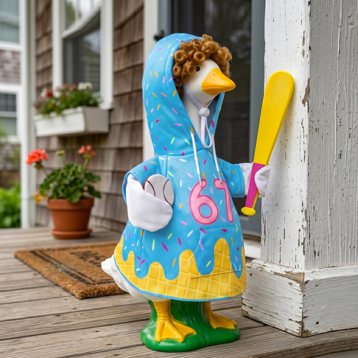 Sloakify Summer 67 Baseball Porch Goose Outfits, Ice Cream Hoodie Wigs for 23 inch Goose, Geese Statue Clothes Costume 4 Pcs Accessories, Birthday Party Garden Outdoor Yard Lawn Patio Decor