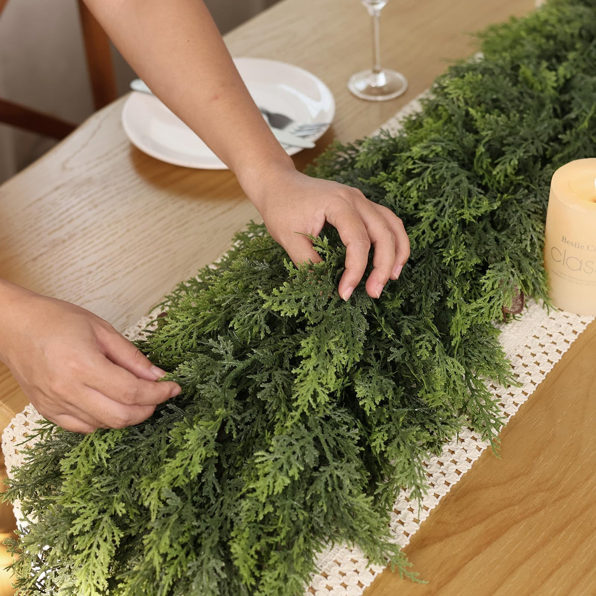 Christmas Cedar Garland - 9ft Artificial Cedar Garland Faux Lush Green Fake Pine Needles for Fireplace,Table,Window,Stairs,Mante,Holiday Indoor Outdoor Xmas Decor(2PCS)