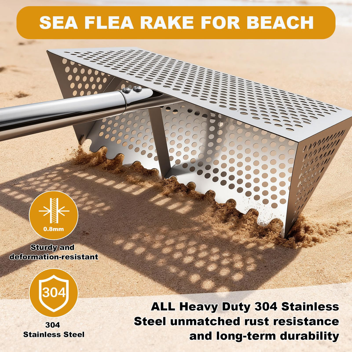Sea Flea Rake for Beach - Premium 304 Stainless Steel Sand Sifter w 48'' Ergonomic Curved Long Handle, Beach Sifter w Large Basket w Curved Teeth, Sand Crab Catcher for Shark Teeth, Shells