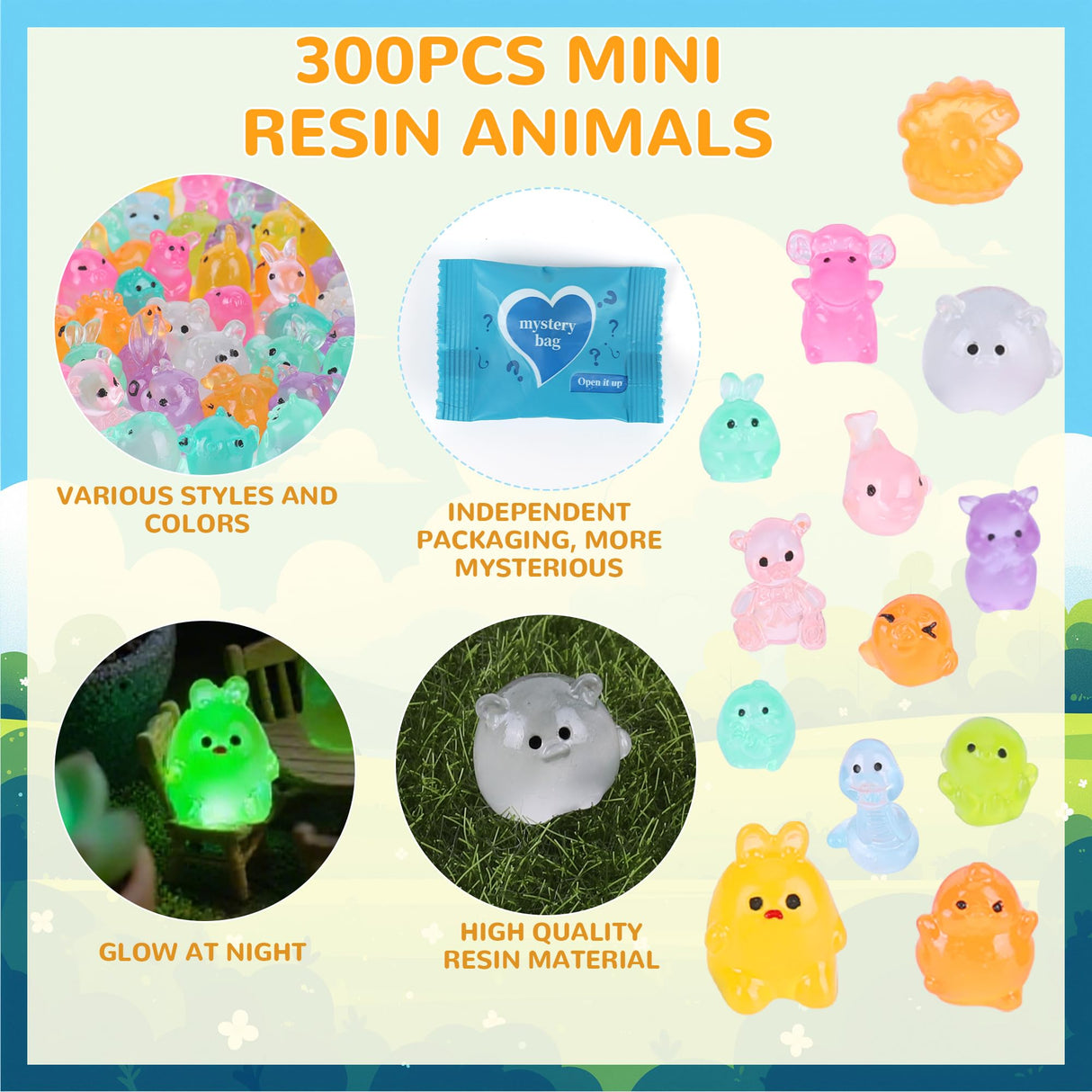 ShtNeeg 300PCS Mystery Mini Resin Animal Blind Bags, Glow in The Dark Tiny Animal Figures, 50+ Animal Combination Sets for Classroom Prizes, Party Favors, Fairy Garden & DIY Decor