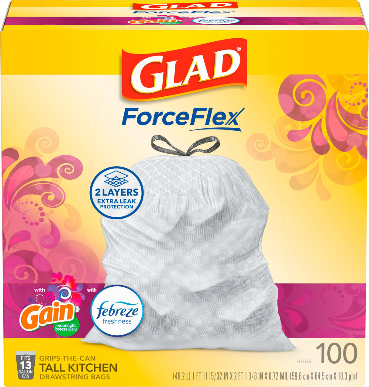 Glad Tall Kitchen Trash Bags 13 Gallon, Gain Moonlight Breeze Garbage Bags, Odorshield with Drawstring, 100 Count