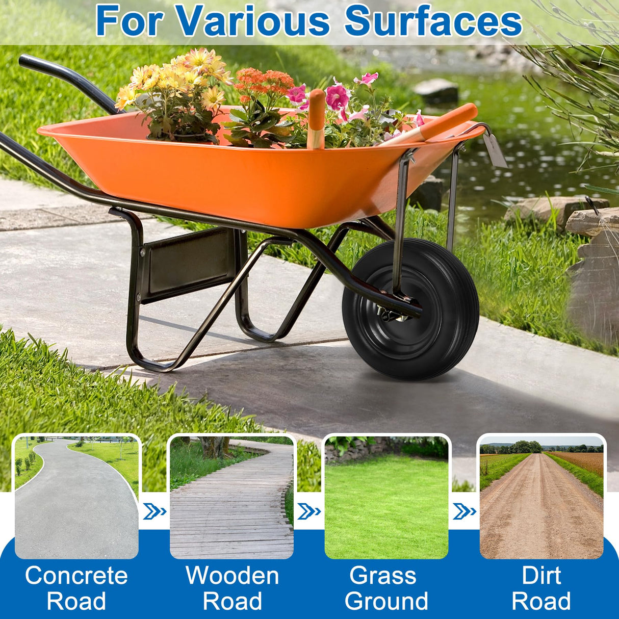 4.00-6 Flat Free Wheelbarrow Tires and Wheels, 13 Inch Wheelbarrow Tires with 5/8" or 3/4" Bearings, 1.75'' Centered Hub Hand Truck Solid Wheels Replacement for Hand Trucks, Dolly Trolleies, 2 PCS
