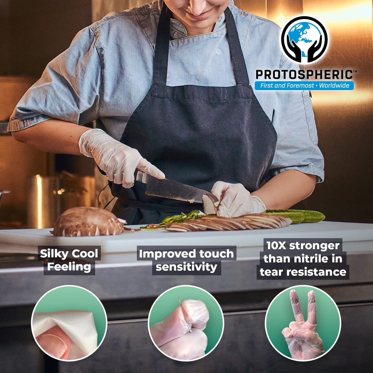 Protospheric Disposable Gloves for Food Prep - Super Poly Kitchen Grade Food Safe Gloves - Perfect for Cooking and Serving