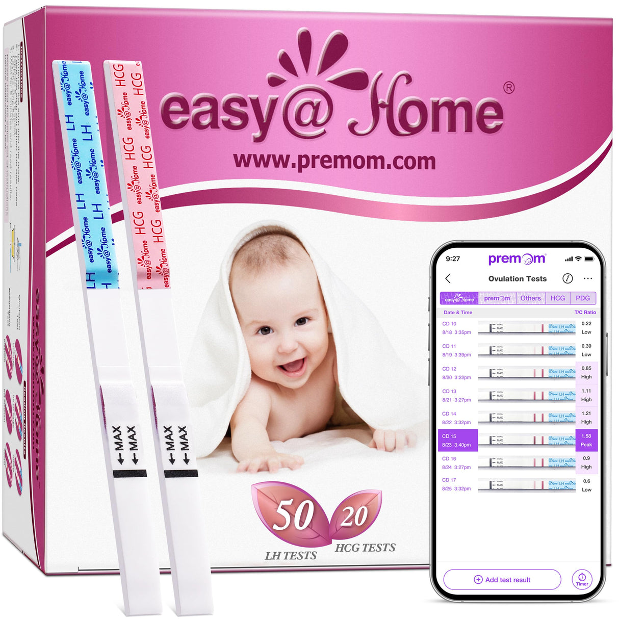 Easy@Home 50 Ovulation Test Strips and 20 Pregnancy Test Strips Combo Kit, (50 LH + 20 HCG)-Package May Vary