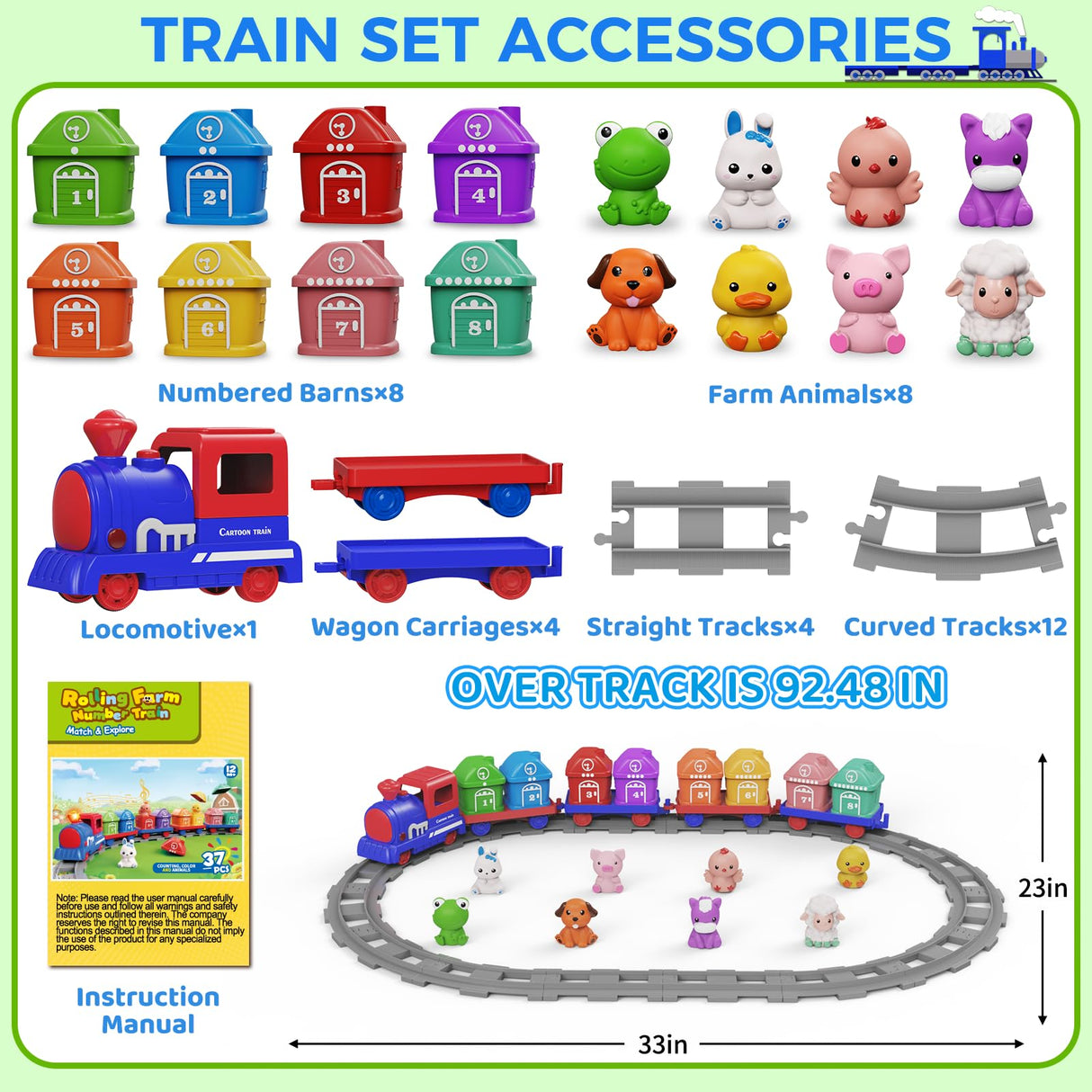 Train Set Toddler Learning Toys for 1 2 3 4 Year Old Boy Girl - Montessori Electric Train Set with Counting Matching & Sorting Activity with Farm Animals, Finger Puppets, Christmas Birthday Gift 2-4