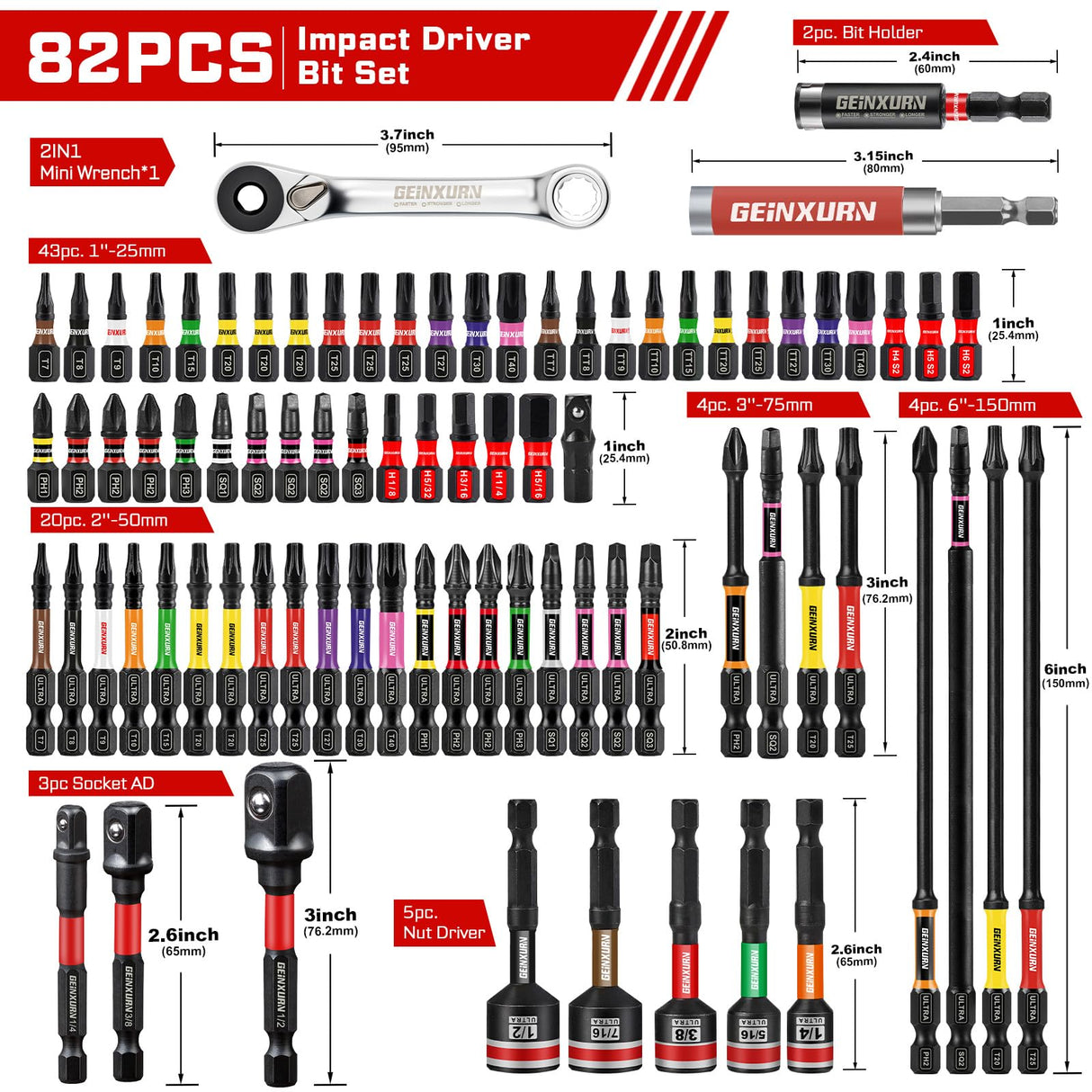 Geinxurn 82Pieces Impact Screwdriver Bits Set, Magnetic S2 Steel Phillips/Square/Torx/Hex Insert Power Bits Tips with Impact Bit Holder and Impact Nut Driver and Mini Wrench