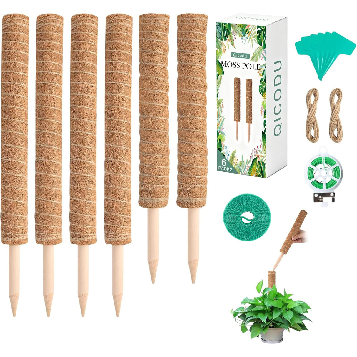 6 Pack Moss Poles for Monstera Plant Support (4x17in + 2x12in, 92in Total) – Stackable Moss Pole for Plants,Ideal Plant Stakes for Indoor Plants, Pothos, and Philodendron Support,with Garden Ties