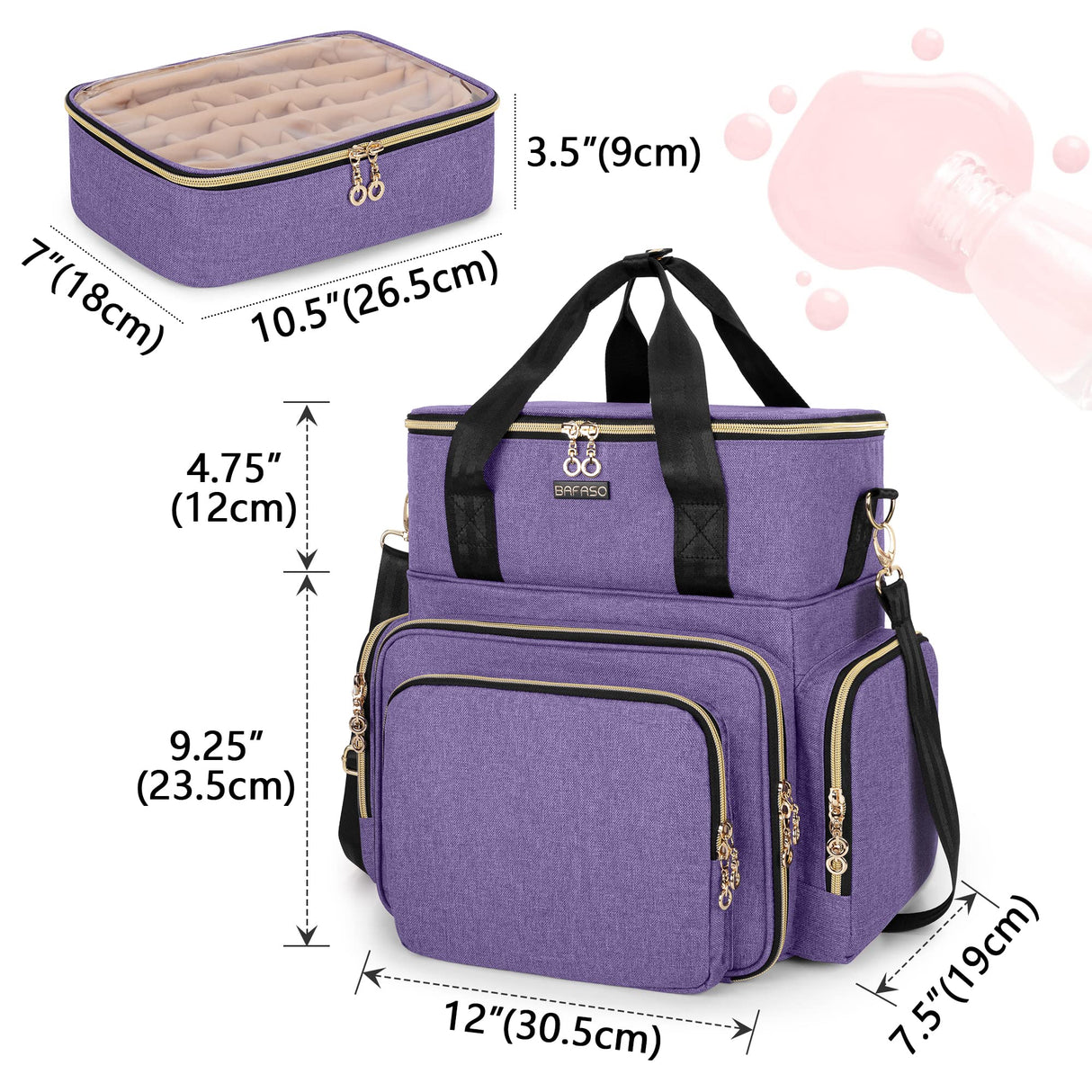 BAFASO Double Layer Nail Polish Organizer Holds 70 Bottles (15ml - 0.5 fl.oz) and a Nail Dryer, Nail Polish Case with 2 Removable Pouches and Tools Storage Sections (Patented), Purple