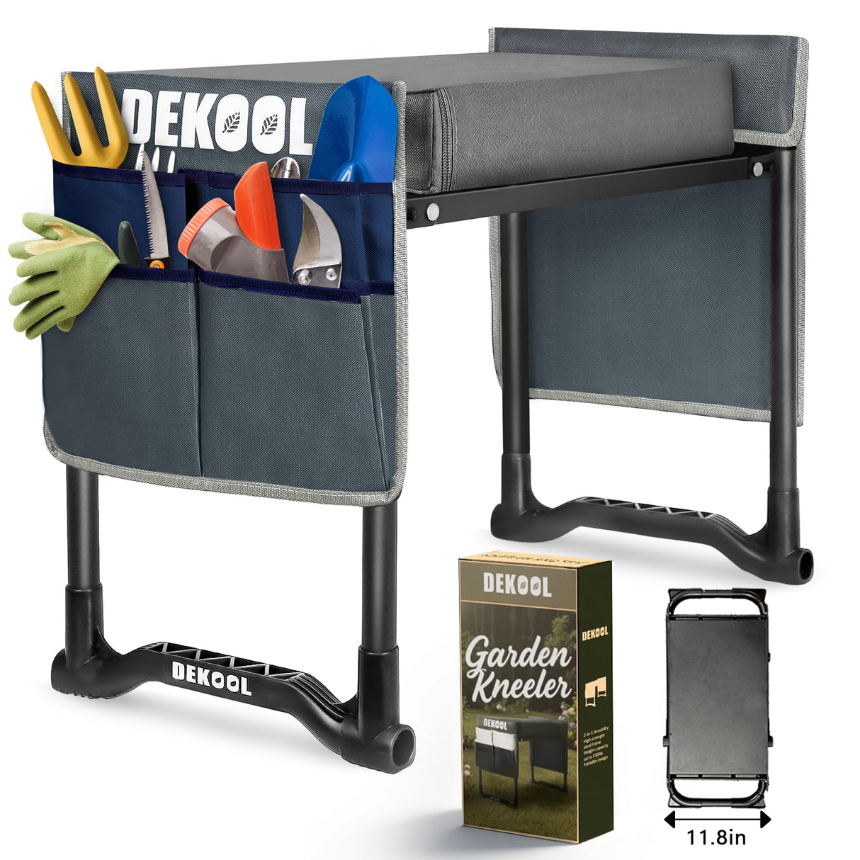 Dekool Garden Kneeler and Seat with Upgraded Wide & 3" Thick Kneeling Pad, Heavy Duty Garden Stool with 2 Large Tool Bags, Portable Bench for Weeding, Gardening Gifts for Women, Men, Seniors, Grey