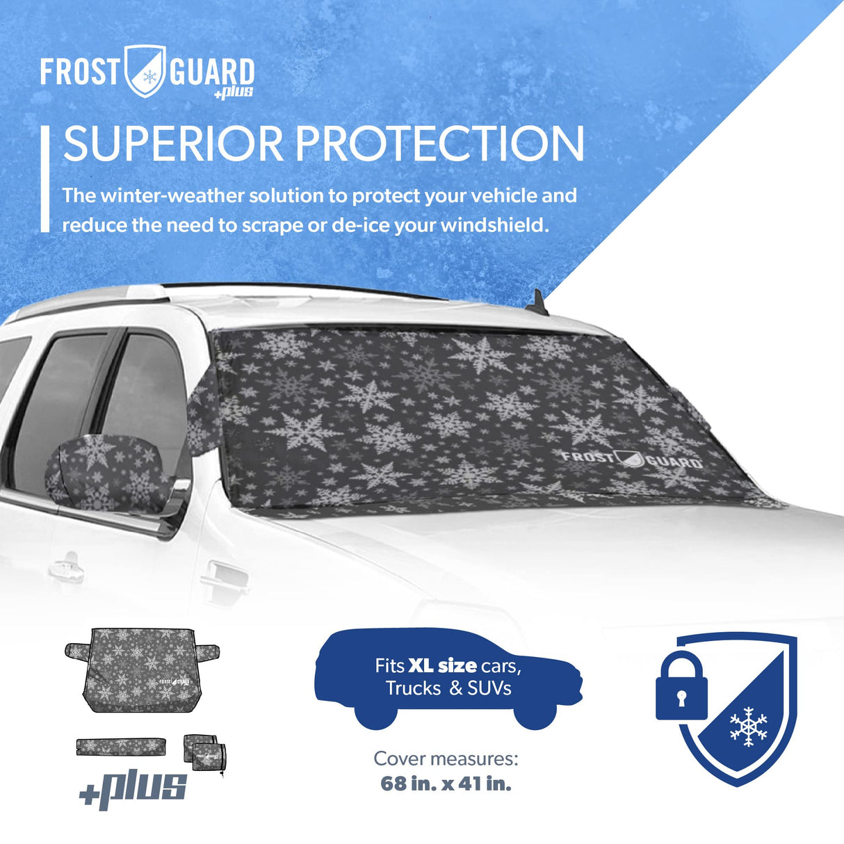 FrostGuard Plus | Winter Windshield Cover for Ice and Snow, XL Size (Snowflake) - Built-in Security Panels, Wiper Blade Coverage + Mirror Covers - Fits XL Size Cars, Trucks and SUVs, 68 x 41 Inches