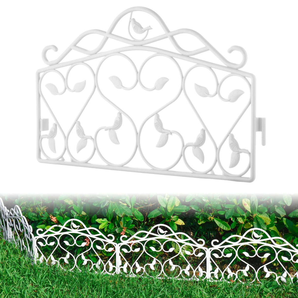 Evelyne Decorative Garden Border Plastic Edging – PP Plastic, Short Metal-Free Faux Wrought Iron Leaf & Bird Design, 8pcs Yard Landscaping Fence Liner Lawn Edge Barrier, 10ft Kit of Decorative Panels