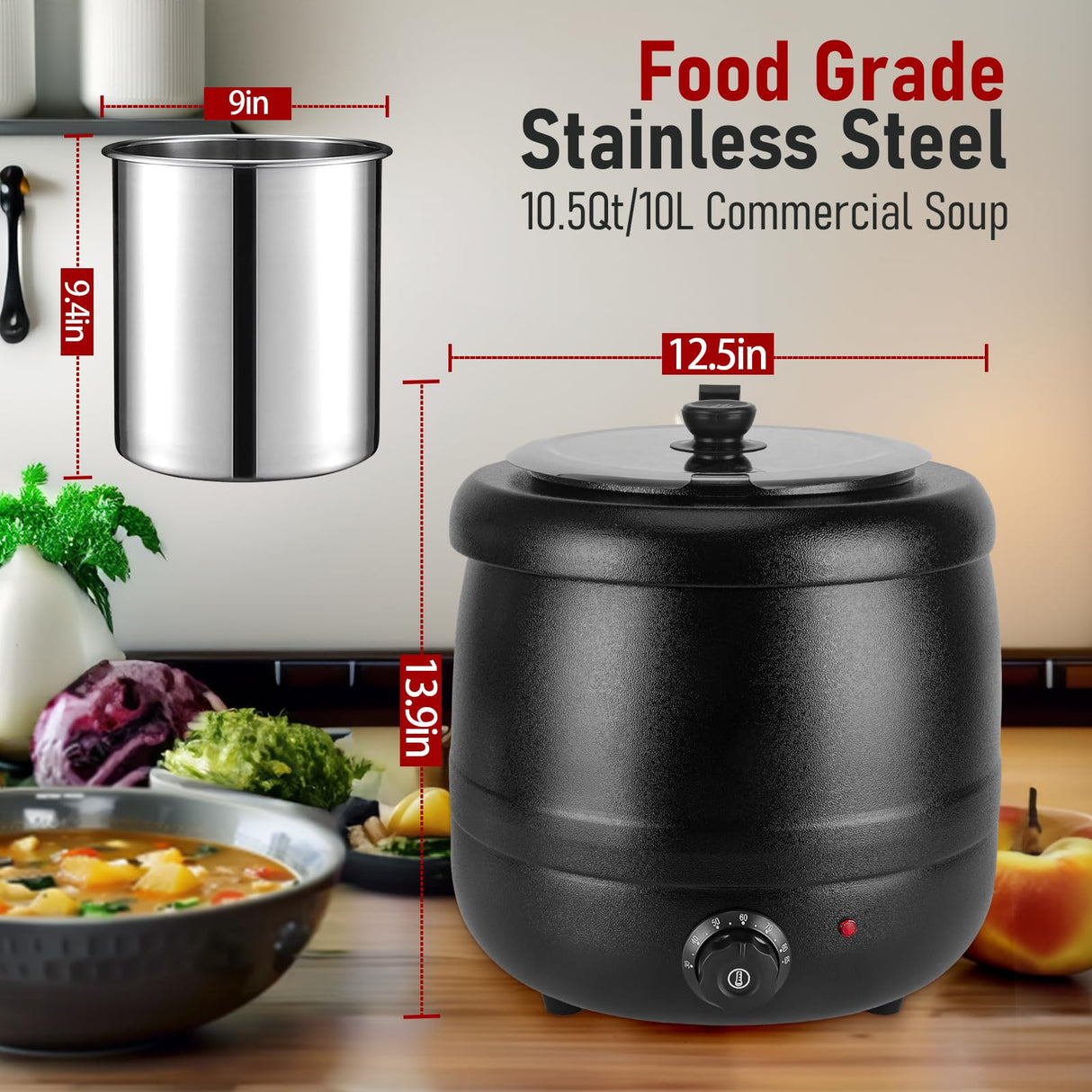 10.5QT Soup Warmers Commercial Soup Kettle with Stainless Steel Hinged Lid and Detachable Insert Pot, Electric Soup Pot for Restaurants and Party, Home, Catering (Black)
