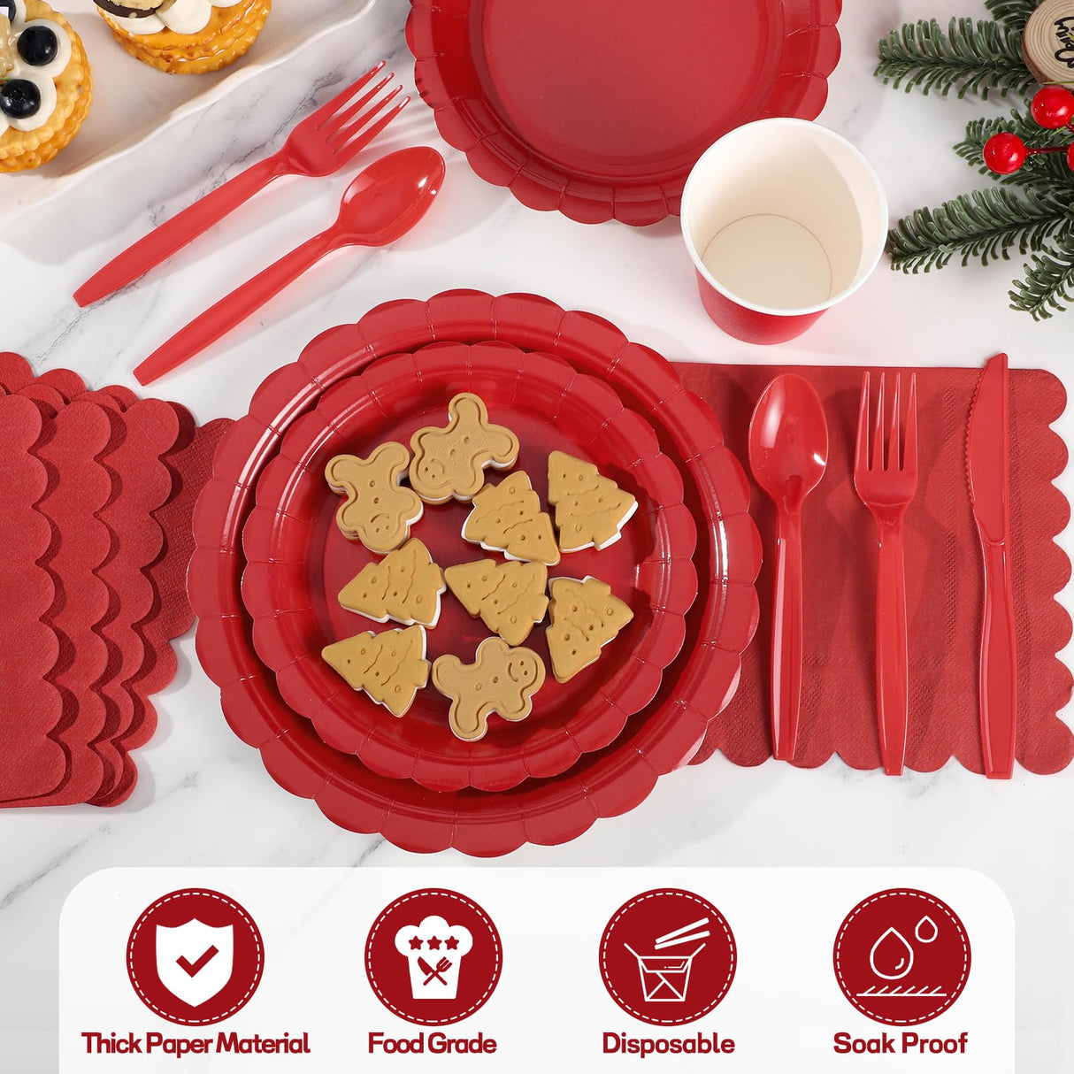 Xiangqu 175 Pcs Red Plates and Napkins, 25 Guest Red Party Supplies Include Christmas Plates and Napkins Cups Plastic Spoons Forks Knives for Birthday, Christmas, Picnic