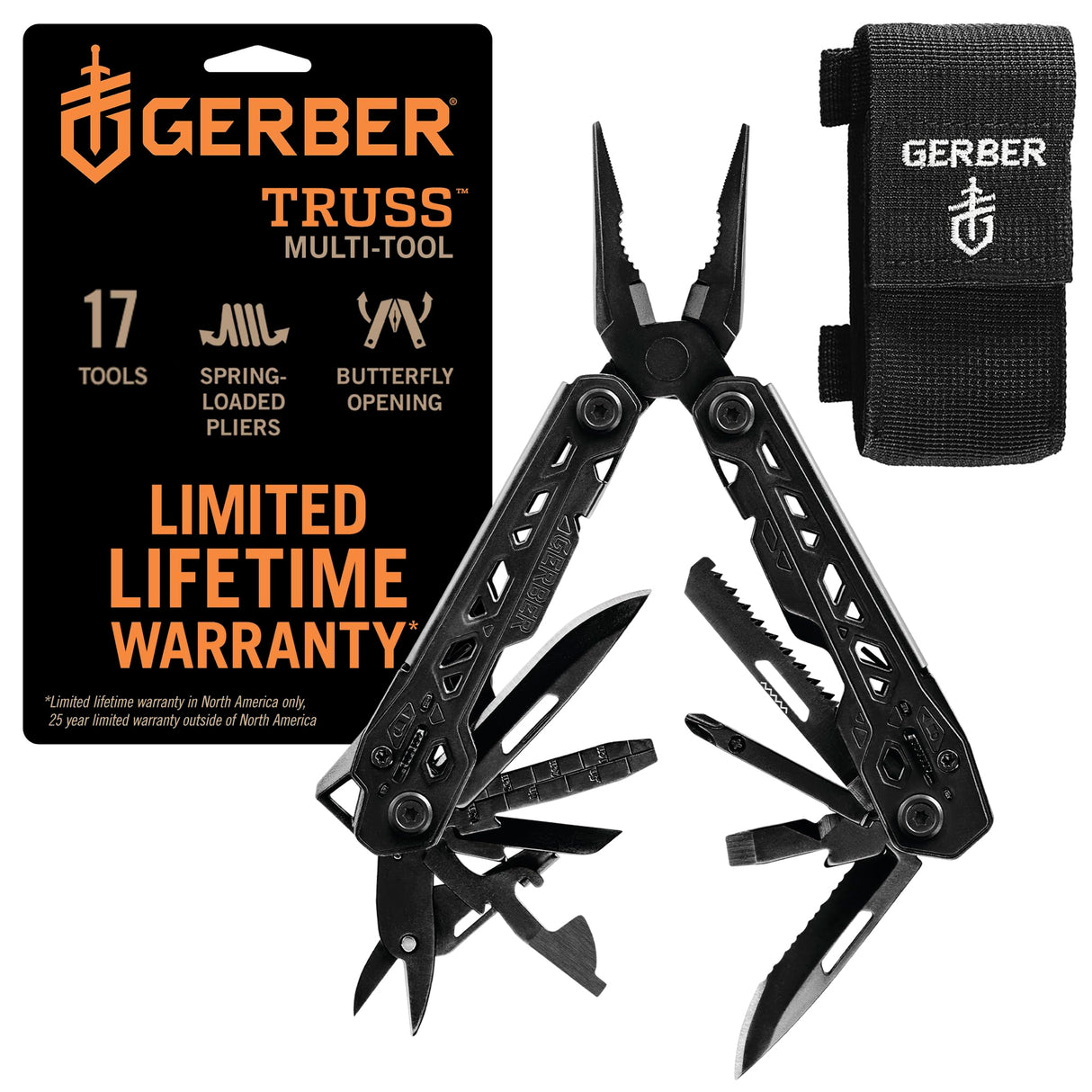 Gerber Gear Truss 17-in-1 Multitool with Pocket Knife and Needle Nose Pliers - Gifts for Men, Compact EDC Gear, Black with Standard Sheath