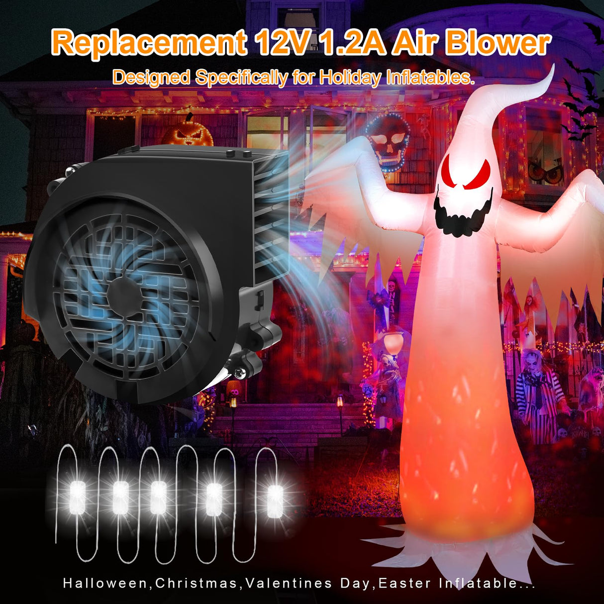 12V 1.2A Replacement Air Blower Fan for 5-12FT Halloween Christmas Inflatables with 1.5A Adapter 5 LED Light Fans Outdoor Blow Up Motor Replacement Fan Blower Parts for Inflatables Yard Decorations