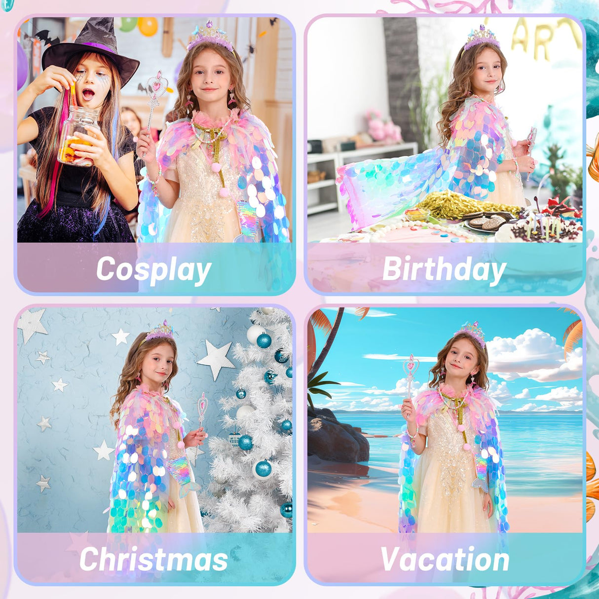 Princess Dress Up Toys Princess Dress Up Clothes Rainbow Mermaid Cape Kit 9 Pcs Gift Set for Little Girls 3-8 Years Old, Great Gift Set for Birthday Christmas Halloween (Rainbow Multi-Color)