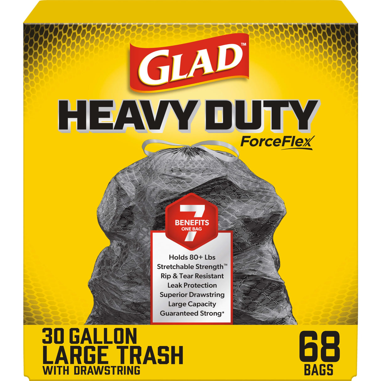 Glad Large 30 Gallon Trash Bags, Unscented Heavy Duty Garbage Bags, Forceflex with Drawstring, 68 Count (Packaging May Vary)