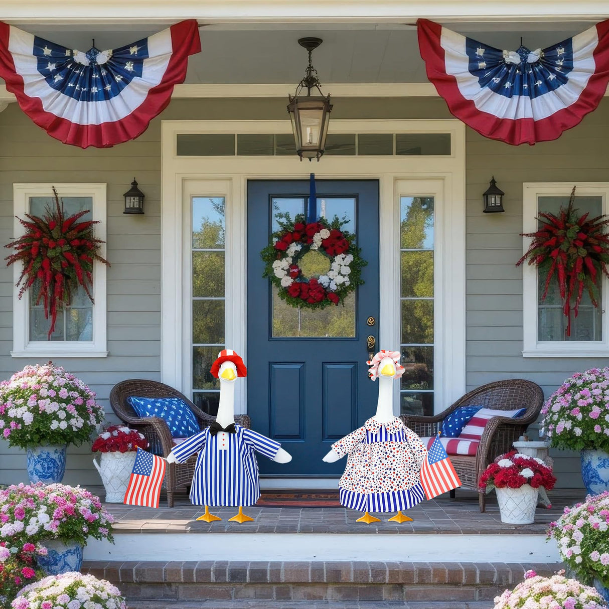 Hoemwarm 2 Set 4th of July Porch Goose Outfits 23" Patriotic Cement American Flag and Star Goose Clothes Costume Independence Day for Outdoor Patio Yard Decoration