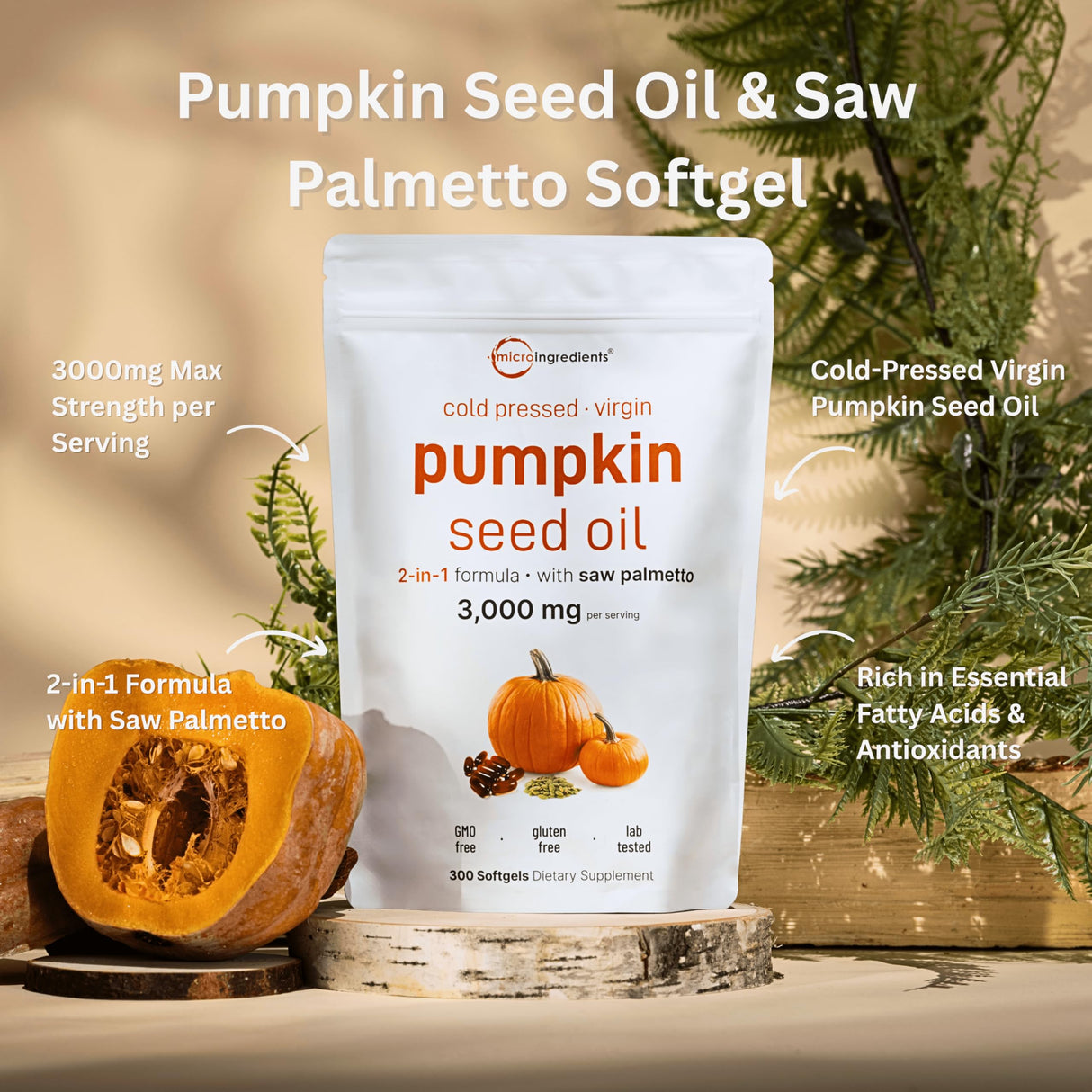 Pumpkin Seed Oil with Saw Palmetto, 3000mg Per Serving, 300 Softgels | Cold Pressed, Pure Virgin Oil, Essential Fatty Acids & Phytosterols | Supports Hair, Urinary, Bladder & Prostate Health | Non-GMO