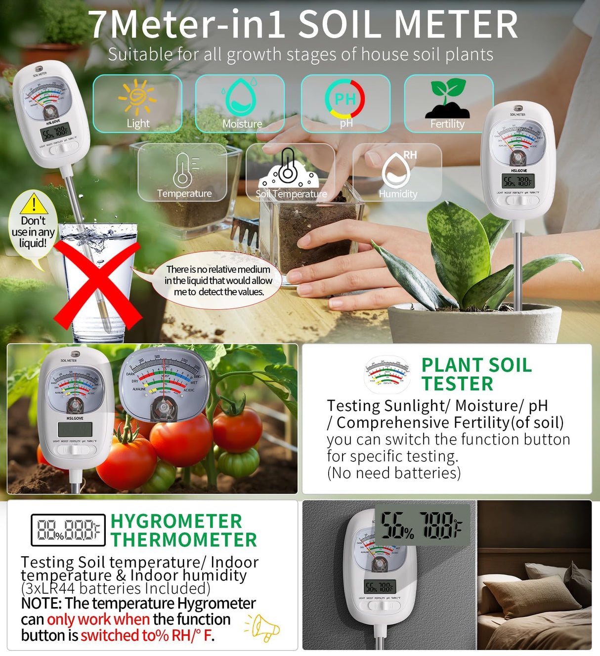 HSLGOVE Soil Test Kit, 7-in-One Soil Moisture Meter/Soil PH Meter/Fertility, Dual Screen Soil Tester w/Digital Soil Temp/Air Temp&Humidity for Plants Gardening,Lawn,Farm Indoor&Outdoor-Lvory White