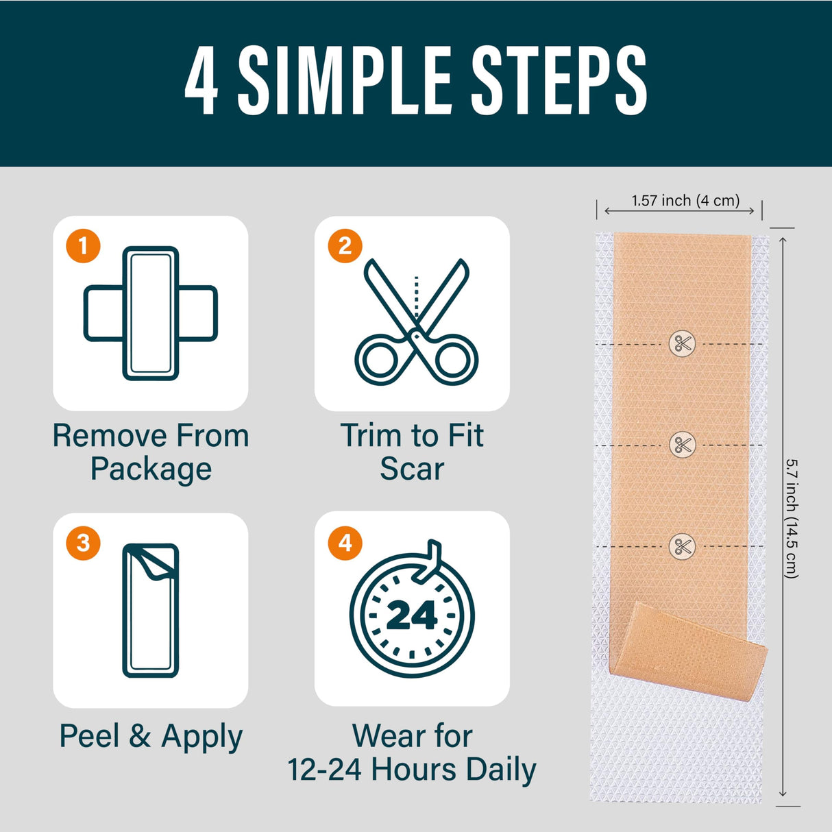 NUVADERMIS Silicone Scar Sheets - Extra Long Scar Sheets for C-Section, Tummy Tuck, Keloid, and Surgical Scars - Reusable Medical Grade Silicone Scar Sheets - Pack of 4 - Light Tone