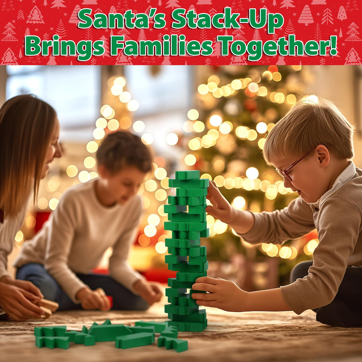 Funwares Christmas Tree Stack-Up, Wooden Blocks Stacking Game, Tumbling Tower, Family & Party Fun, Kids and Adults, Holiday Decoration, Ages 6+