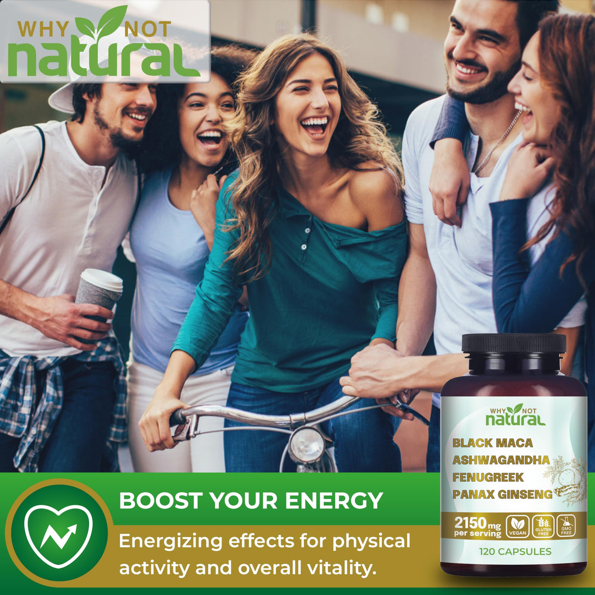 Why Not Natural 4-in-1 Organic Black Maca Root, Ashwagandha, Fenugreek, Panax Ginseng Capsules, Supplement for Men and Women