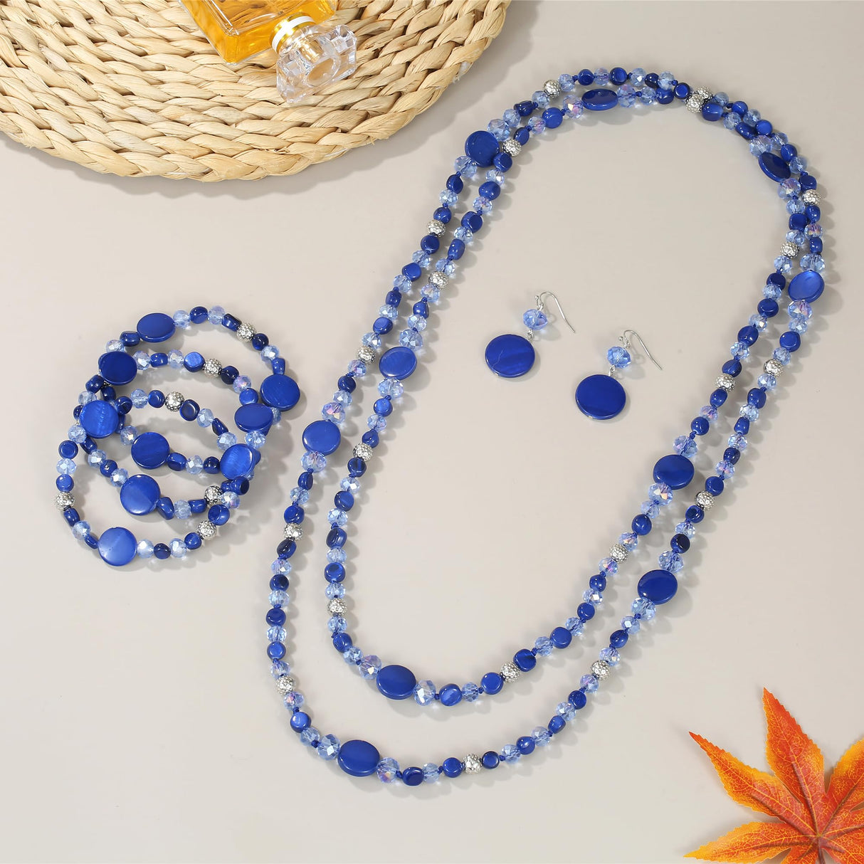 Xalroco Trendy Infinity Wrap 60’’ Long Statement Necklace, Earrings and Bracelet Set - Hand Knotted Versatile Strand Necklace and Bracelet - 3 Pcs Jewelry Set Gift for Women (Navy Blue)