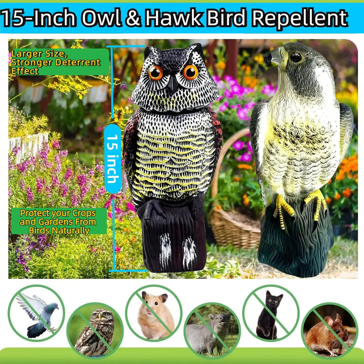 YAOSAN Hawk Decoy to Scare Birds Away - Owl & Hawk Garden Decoy Combo, 2X Protection Wind-Activated Bird Deterrent for Farms & Yards, 50% Larger Size (15")