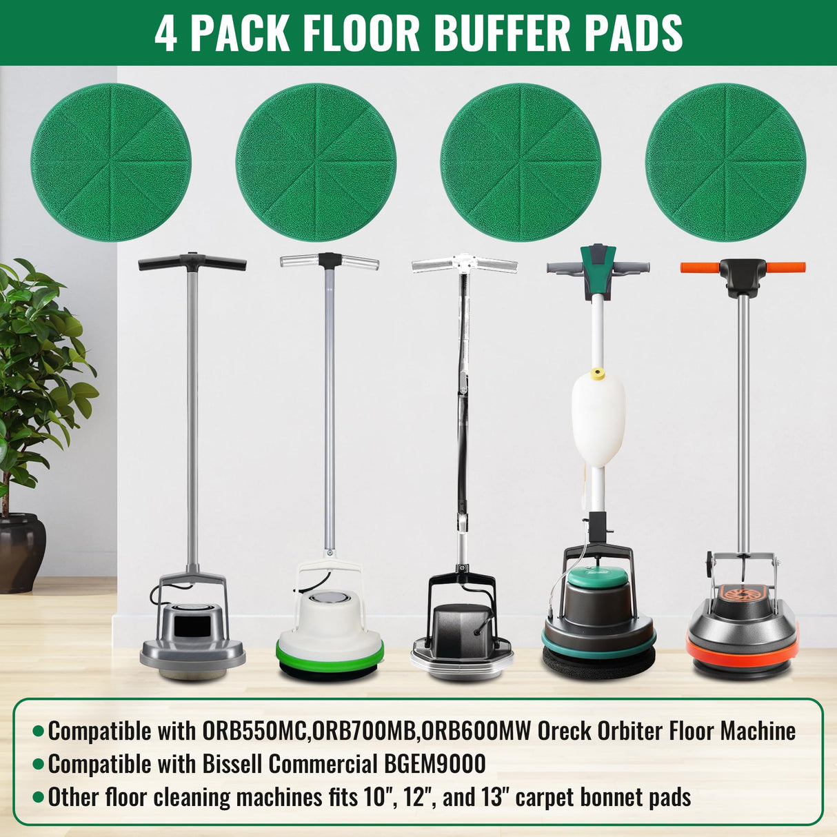 Potchen 4 Pack 12" Microfiber Carpet Bonnet Pads Compatible with Oreck Orbiter ORB550MC ORB700MB ORB600MW Floor Machine, Mopping and Buffing Pad Compatible with Bissell Commercial BGEM9000