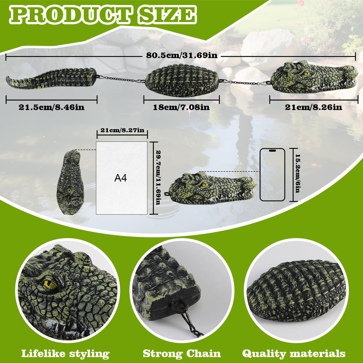 Floating Crocodile Sculpture, 3-Section Simulated Floating Alligator, Pond Floating Alligator Bait for Garden Pond Backyard Decoration (2-Pack)