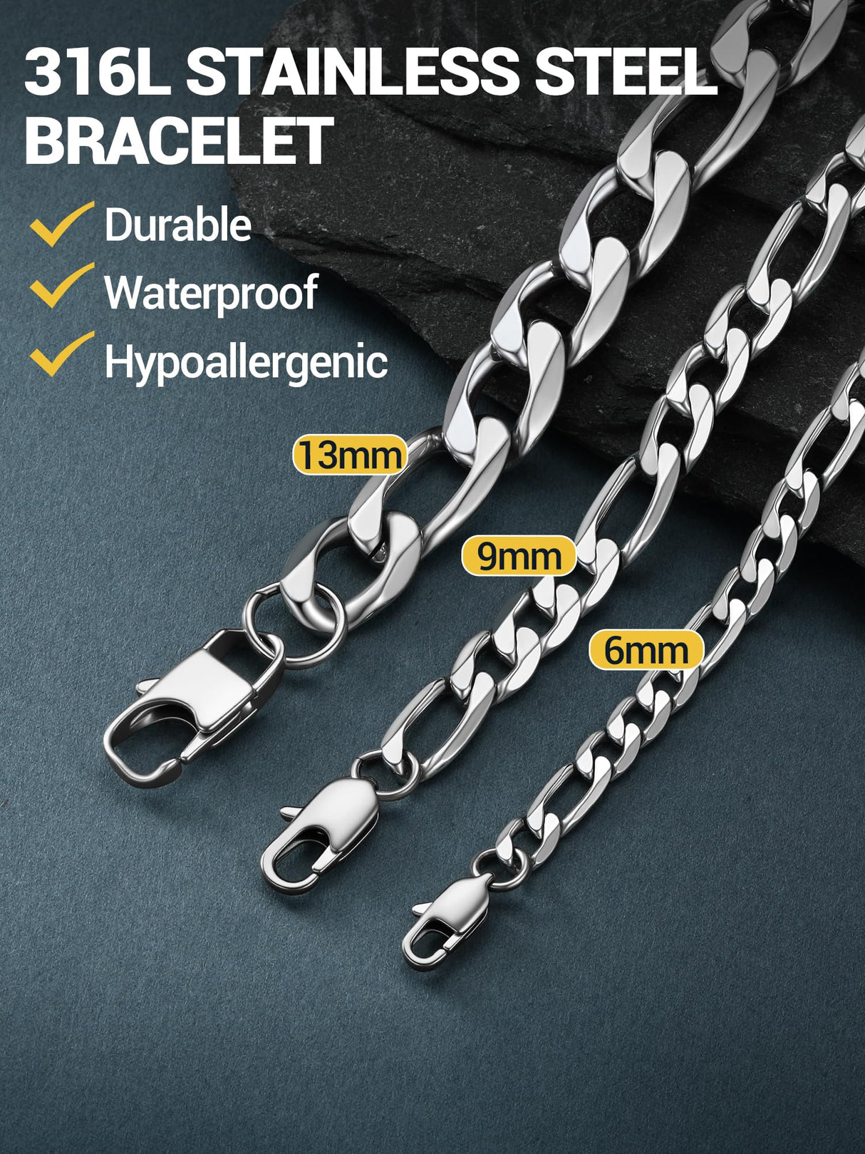 PROSTEEL Stainless Steel Figaro Link Chain Bracelet 6mm 7.5 Inch Men Jewelry