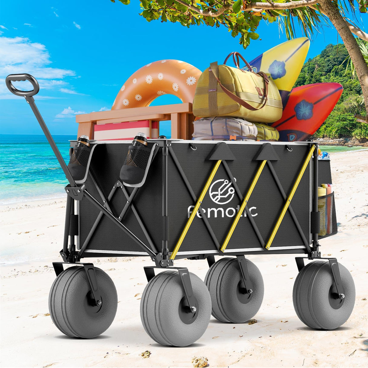 Beach Wagon with Big Wheels for Sand, 10.5" TPU All-Terrain Inflatable Wheels, Heavy Duty Folding Wagon, 150L Large Capacity, Collapsible Cart for Beach, Camping, Garden & Outdoor Sports (Black)