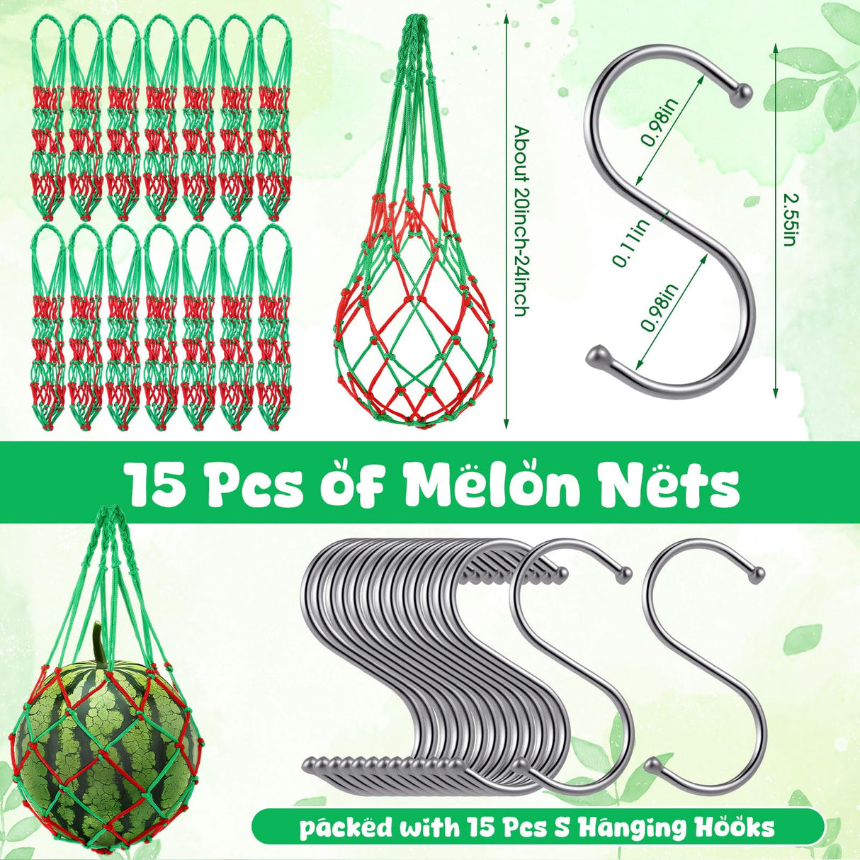 Irenare 15 Pack Melon Hammocks Cradles with S Hanging Hooks Heavy Duty Watermelon Hammock Net to Prevent Falling for Growing Cantaloupe Pumpkin Watermelon in Vertical Garden (Red,Green)