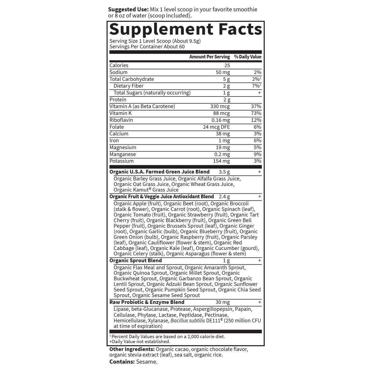 Garden of Life Raw Organic Perfect Food Green Superfood Juiced Greens Powder - Chocolate, 60 Servings, Non-GMO, Gluten Free, Vegan Whole Food Dietary Supplement, Plus Probiotics, Enzymes