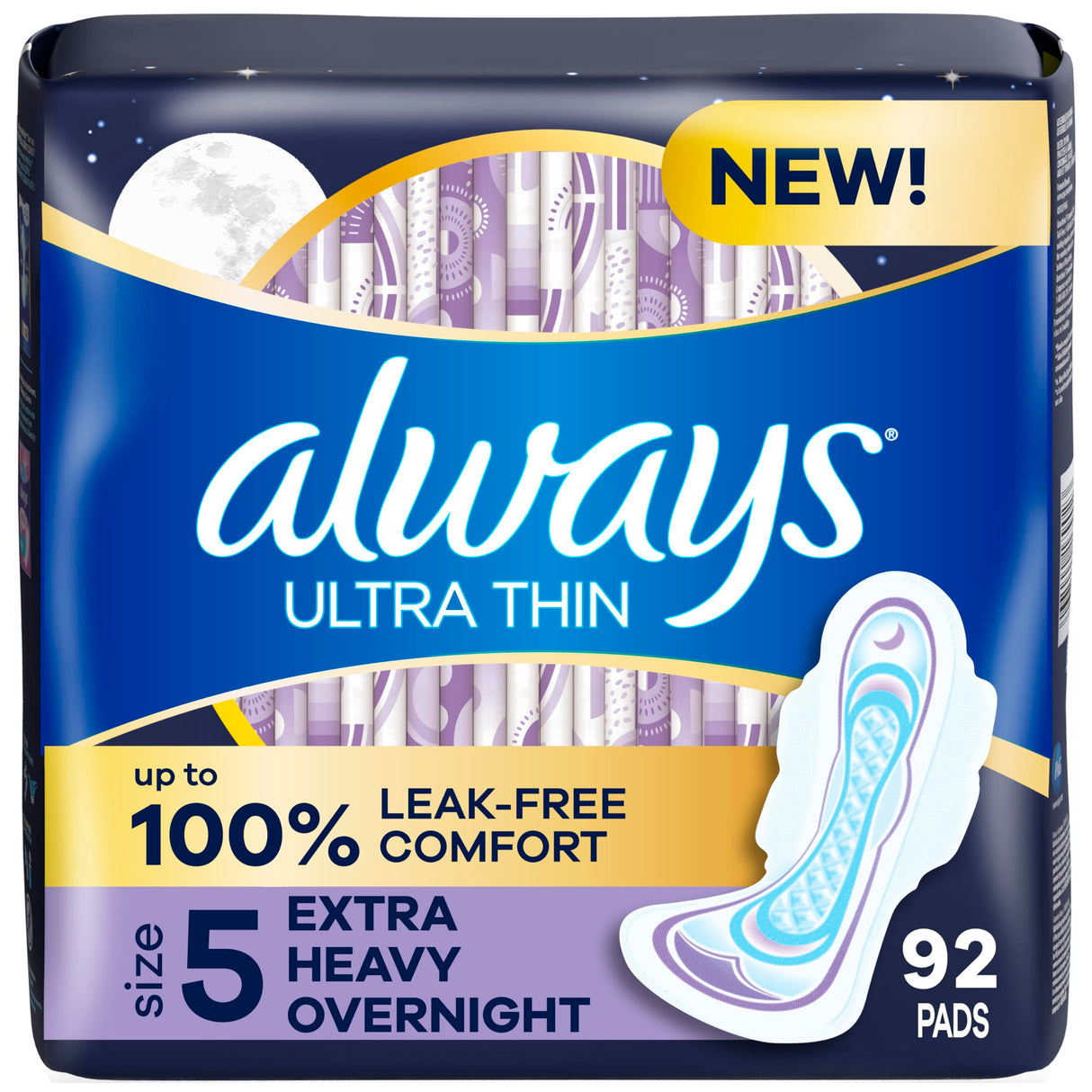 Always Ultra Thin Feminine Pads with Wings for Women, Size 5, Extra Heavy Overnight Absorbency, Unscented, Up to 100% Leak-Free Comfort, 92 Count