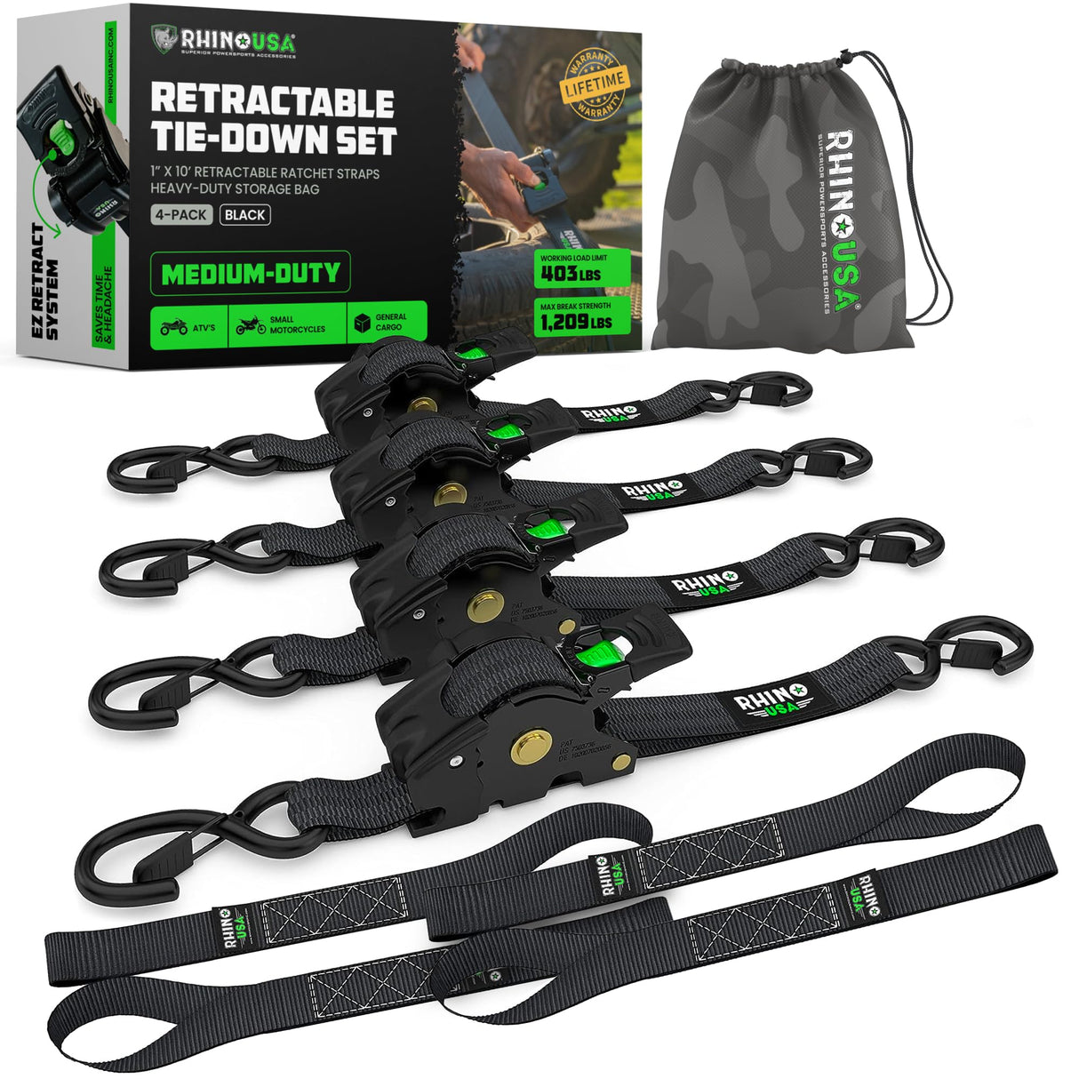 Rhino USA Retractable Ratchet Straps (4-Pack) - 1 Inch x 10 Feet (1,209lb Break Strength) - Auto Self Retracting Tie Down Straps for Truck, Cargo Trailer, Motorcycle, ATV, UTV - Black