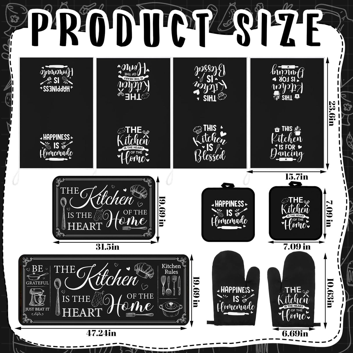 Fourluoo 10 Pcs Farmhouse Kitchen Decor and Accessories Set 4 Kitchen Towels 2 Pot Holders 2 Oven Mitts 2 Rugs for Christmas Thanksgiving Cooking Baking Daughter Mom Gifts(Black,Classic Style)