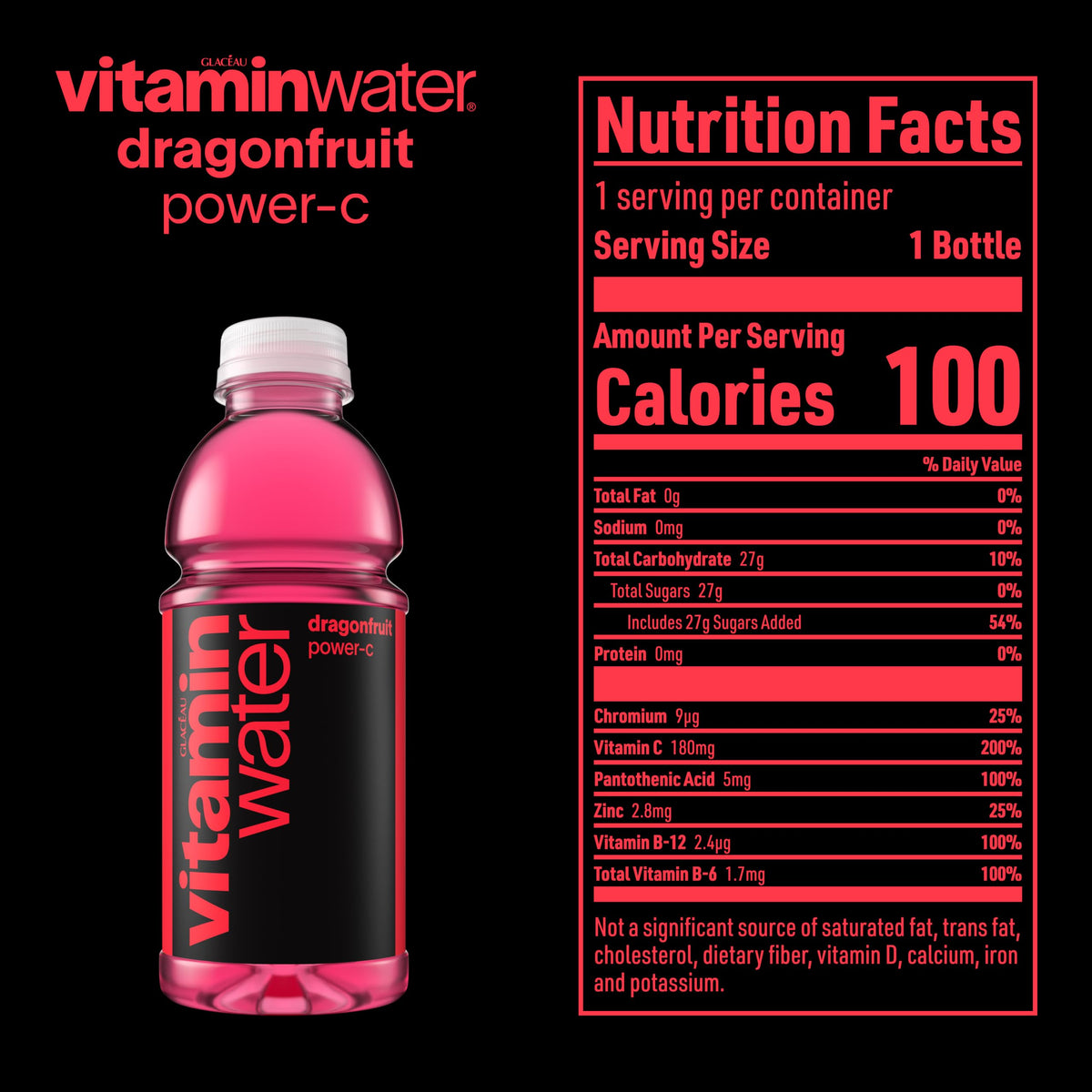 vitaminwater Power-C Dragonfruit, Flavored Water Beverage Bottles, 20 fl oz, 12 Pack