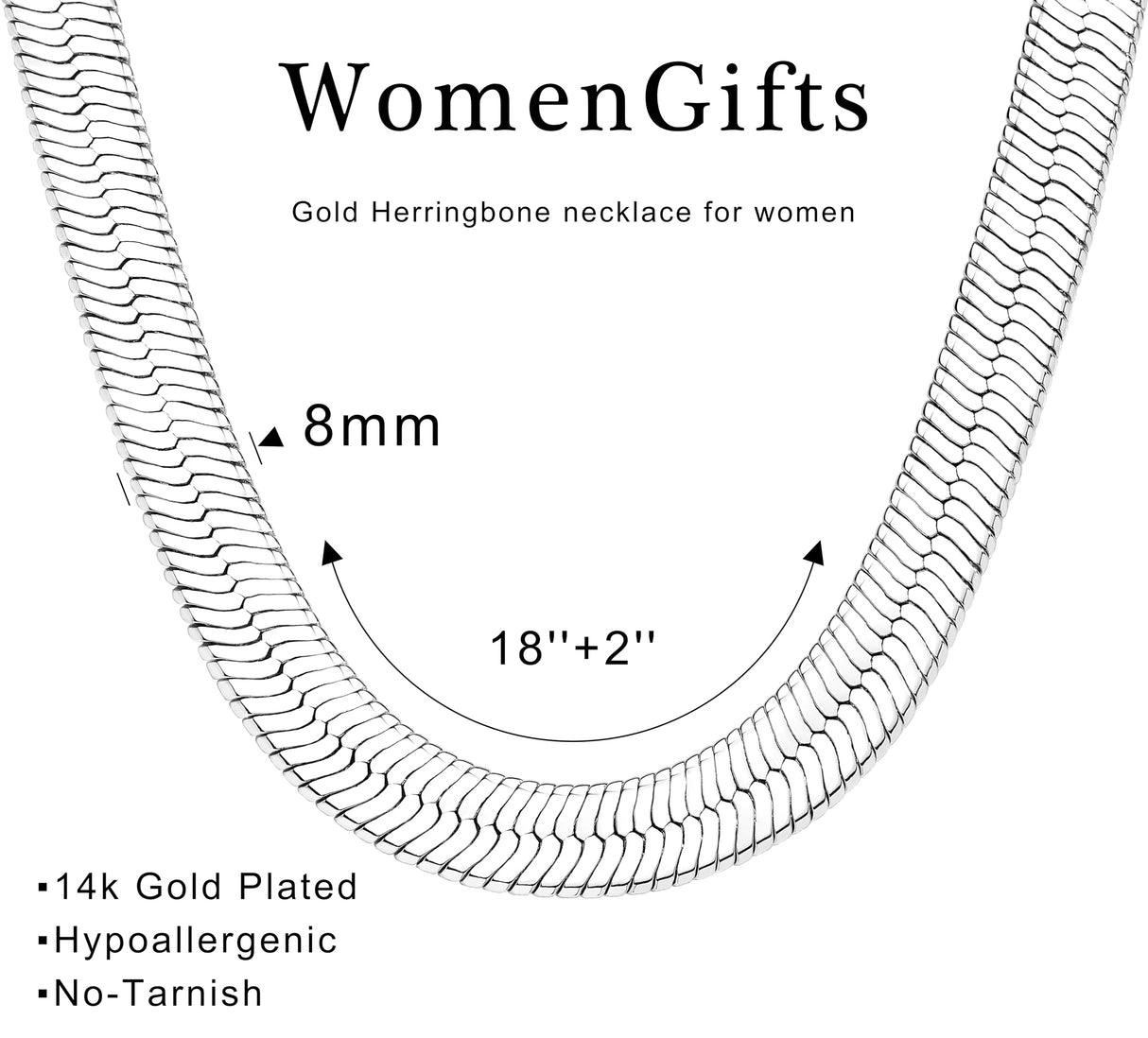 Chunky Silver Long Herringbone Necklace for Women – Stainless Steel Dainty Snake Chain Choker, Trendy Simple Long Layered Jewelry Non Tarnish, 8mm, 18 Inch & 2 Inch Extension Chain, Gift for Her
