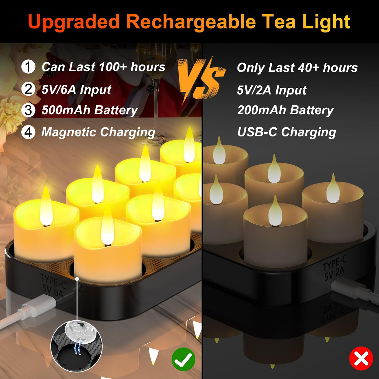 YiaMia 12 Pack Upgraded Rechargeable Tea Lights with Magnetic Wireless Charging Base, Flameless LED Candles with Remote and Timer, 100+H Battery Operated Candles for Votive Wedding Halloween Christmas