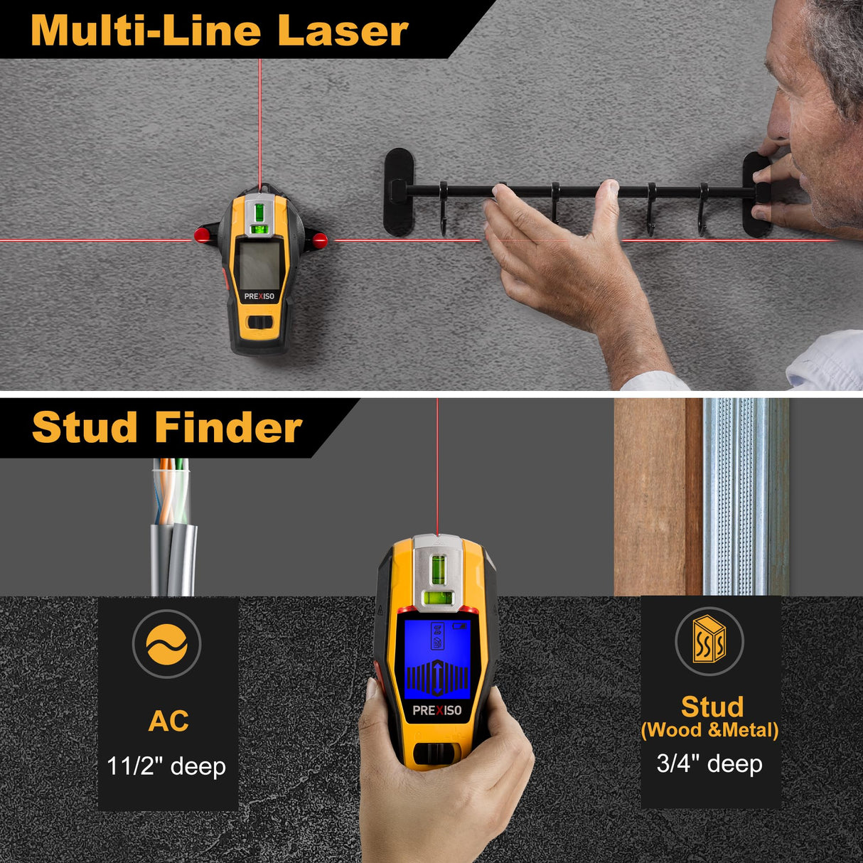 PREXISO 2-in-1 Stud Finder with Laser Level, Rechargeable Multi Surface Cross Line Laser & Wall Stud Scanners Tool for Hanging Frames & Picture, Wood Ac Wire Metal Studs Joist Pipe Detection