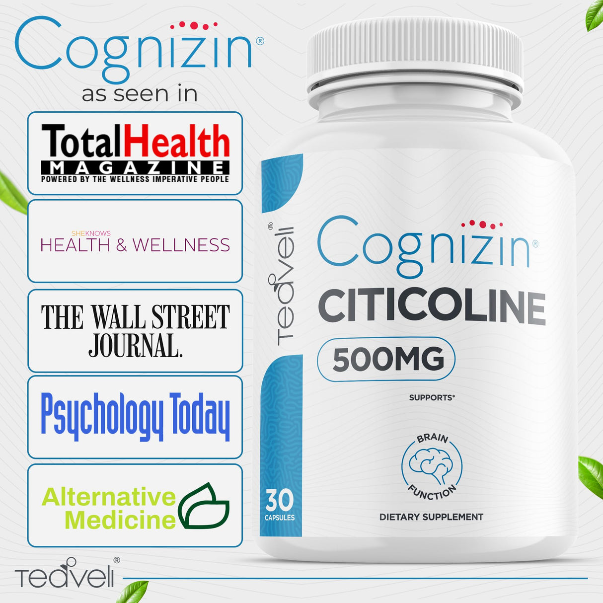 Teaveli Cognizin Citicoline- 500mg CDP Choline Capsules- Clinically Studied Brain Supplement to Support Clarity, Concentration and Memory – Most Bioavailable Form of Choline Supplements - 30 Servings
