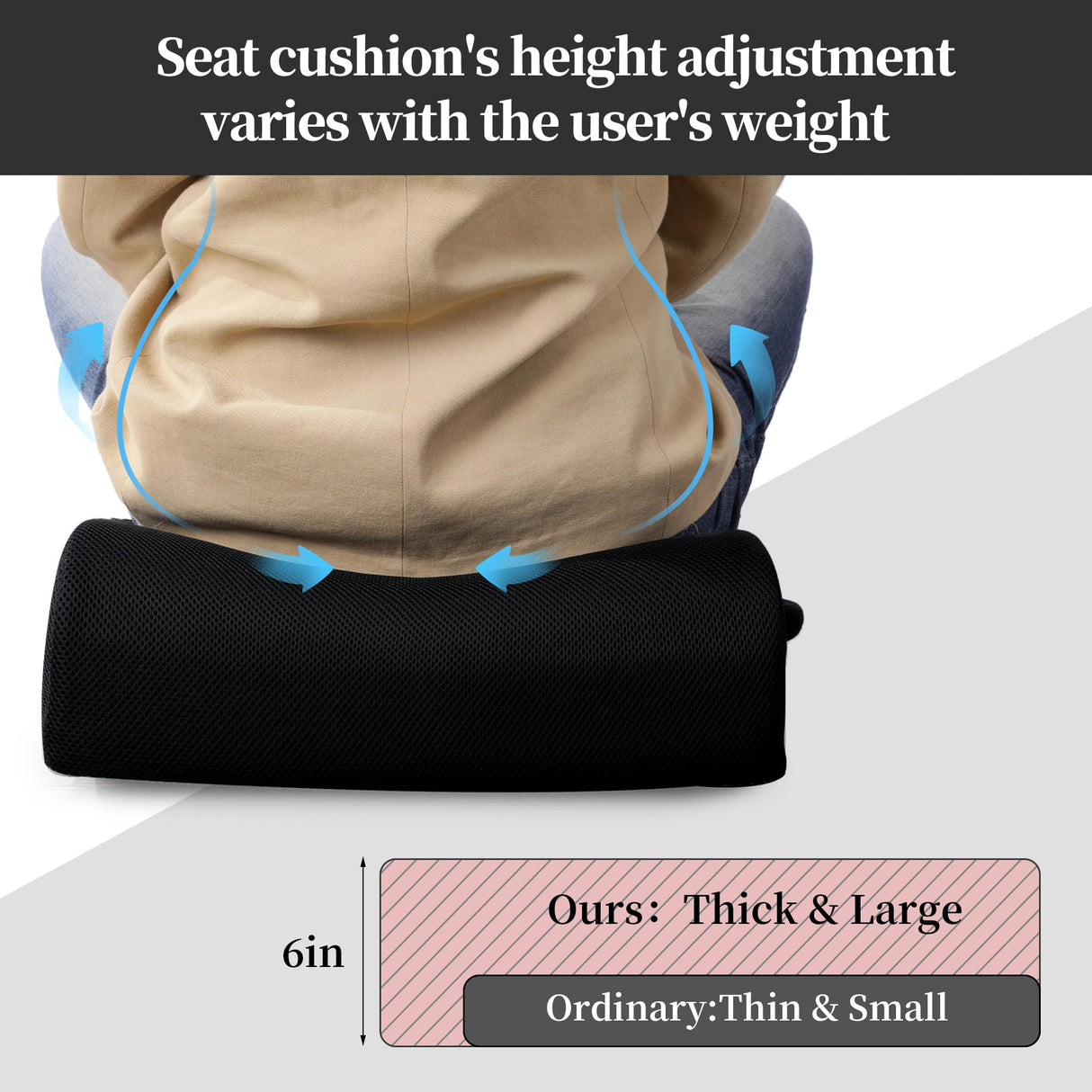 MABOZOO Extra Thick Chair Cushions,Office Chair Booster Seat Cushion to Raise Seat Height for Pain Relief,18 x 16 x 6 inch Non Slip Memory Foam Thick Cushion with Carry Handle(Black)