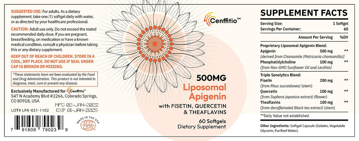 Cenffitio Liposomal apigenin 500mg Softgels - Optimal Apigenin Supplement with Fisetin, Quercetin and Theaflavins (60 Count (Pack of 1))