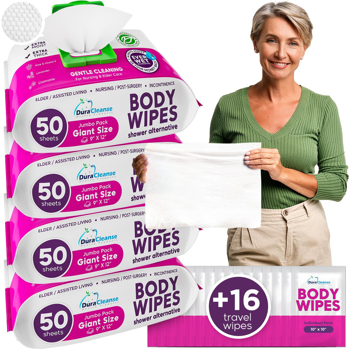XL Body Wash Wipes for Adults Bathing No Rinse & Elderly Incontinence (4pk) - 200 Ct. + 16 Travel Bath Wipes - 9"x12" Disposable Washcloths for Adult Surgery Recovery Supplies & Elder Care Products